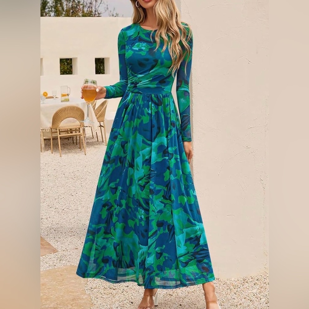 Maxi Dress Spring Long Sleeve Crewneck Floral Print Mesh Ruched M Green Blue
